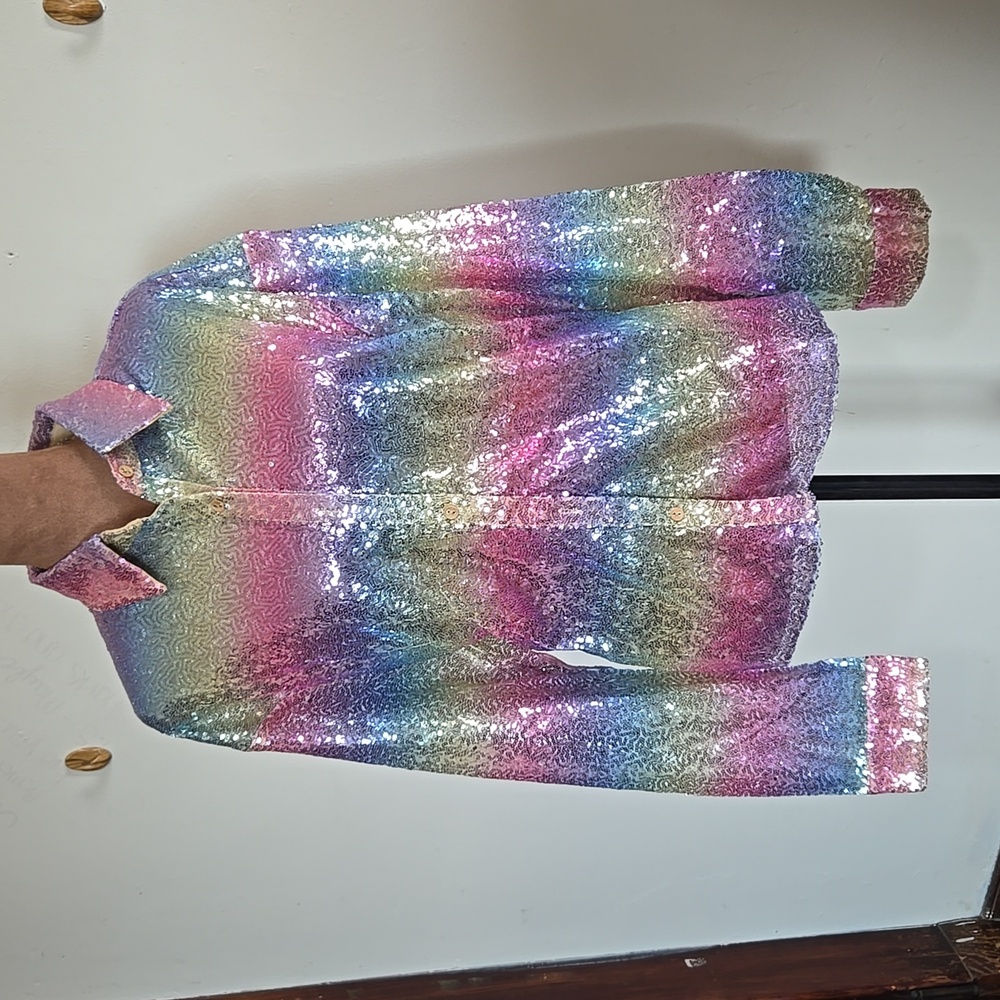 M108 Main Strip Multicolor Seqin Blouse Button Front Sz Md Oversized Semi-Sheer